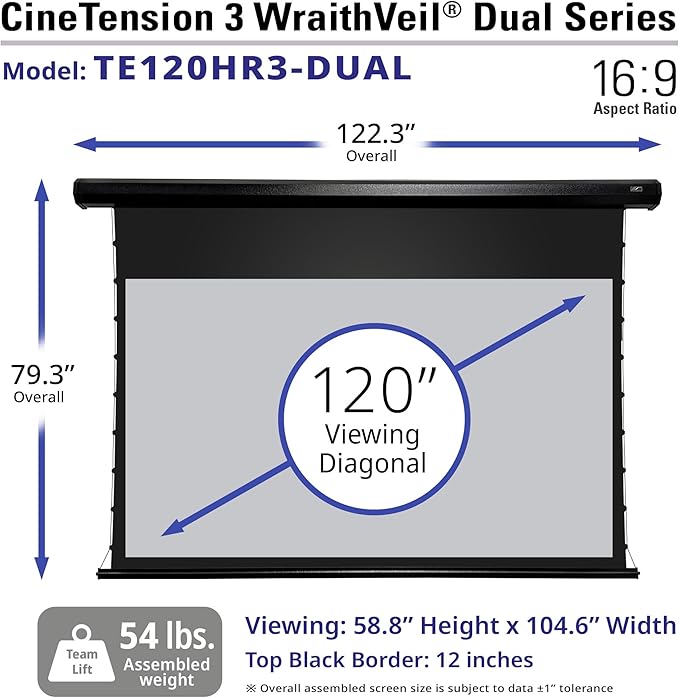 Elite Screens CineTension 3 WraithVeil Dual Projector Screen, 120-inch 16:9, Electric Tab Tension Front & Rear Projection Screen TE120HR3-DUAL