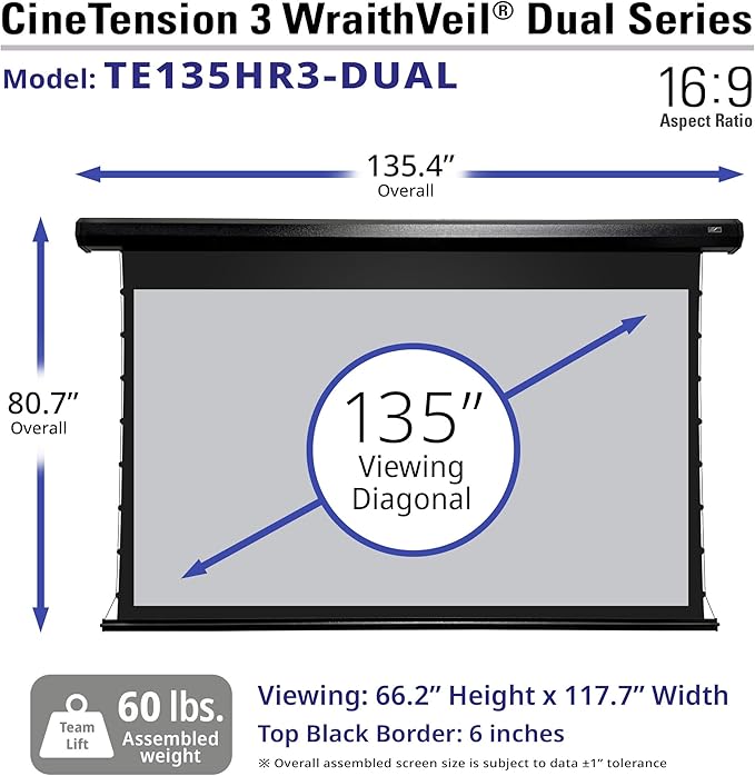 Elite Screens CineTension 3 WraithVeil Dual Projector Screen 135-inch 16:9 Electric Tab Tension Front & Rear Projection Screen TE135HR3-DUAL