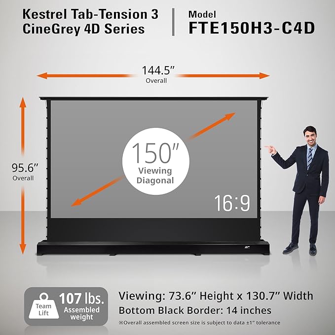 Elite Screens Kestrel Tab-Tension 3 CineGrey 4D 150" 16:9 Floor Rising FTE150H3-C4D