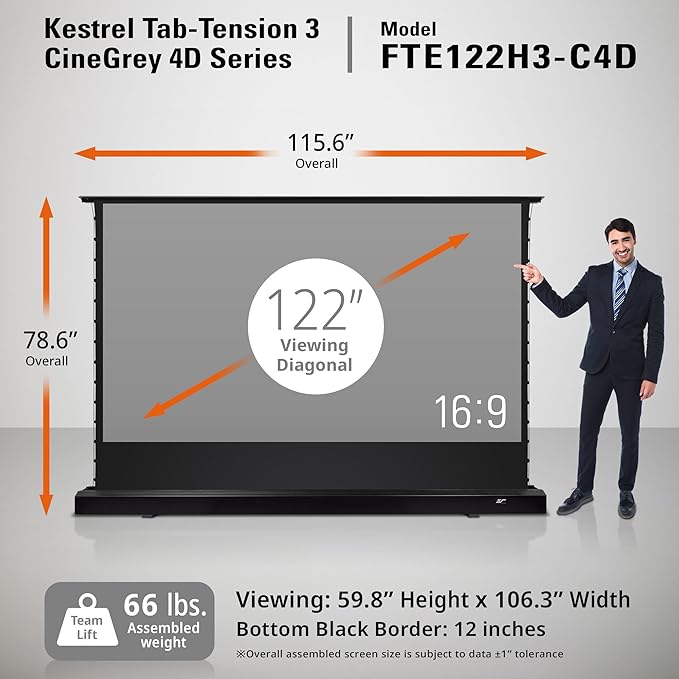 Elite Screens Kestrel Tab-Tension 3 CineGrey 4D 122" 16:9 Floor Rising FTE122H3-C4D