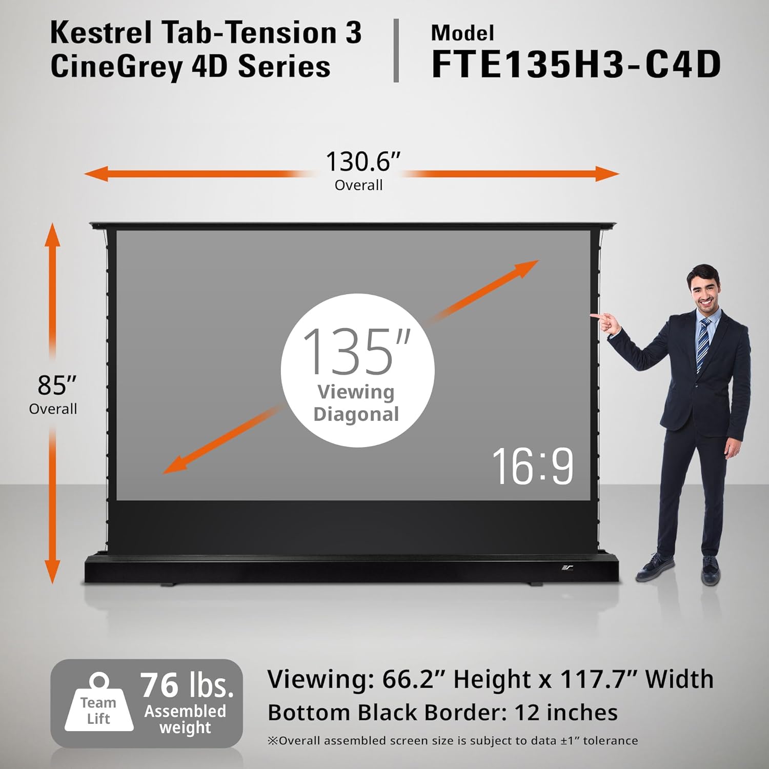 Elite Screens Kestrel Tab-Tension 3 CineGrey 4D, 135", 16:9, Floor Rising FTE135H3-C4D