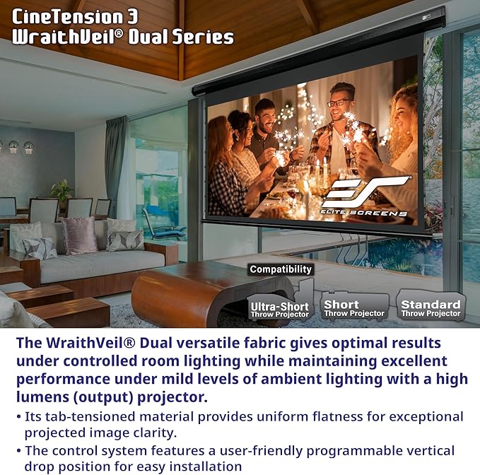Elite Screens CineTension 3 WraithVeil Dual Projector Screen 135-inch 16:9 Electric Tab Tension Front & Rear Projection Screen TE135HR3-DUAL