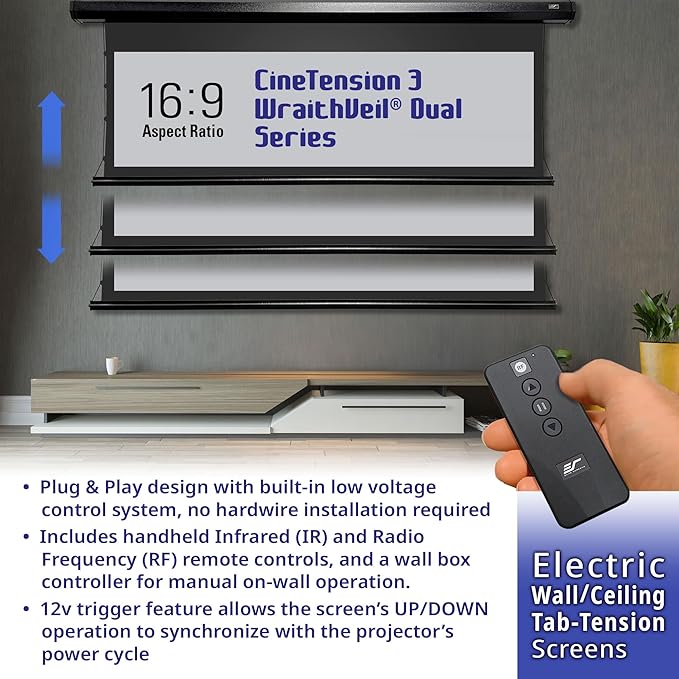 Elite Screens CineTension 3 WraithVeil Dual Projector Screen 135-inch 16:9 Electric Tab Tension Front & Rear Projection Screen TE135HR3-DUAL