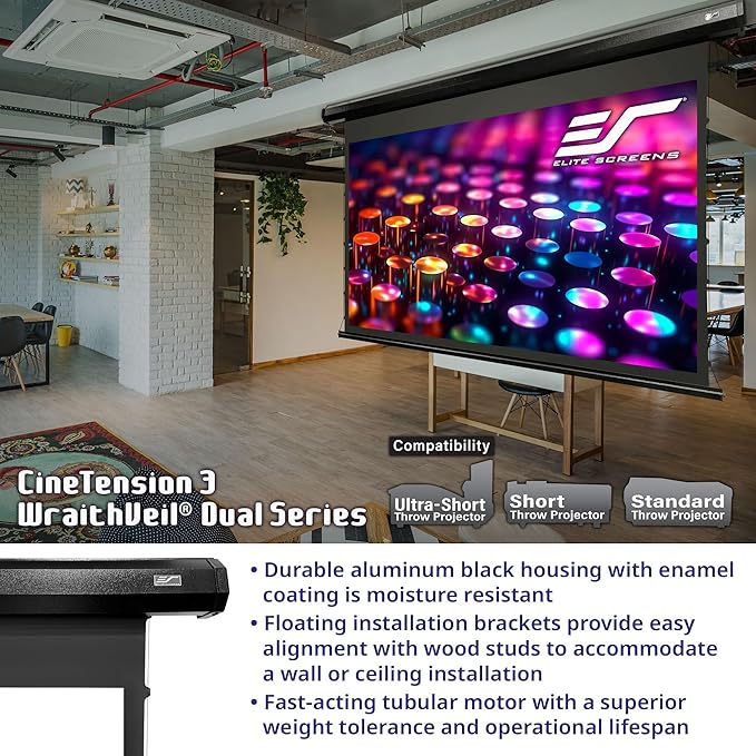 Elite Screens CineTension 3 WraithVeil Dual Projector Screen 135-inch 16:9 Electric Tab Tension Front & Rear Projection Screen TE135HR3-DUAL