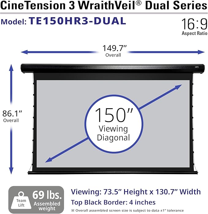 Elite Screens CineTension 3 WraithVeil Dual Projector Screen 150-inch 16:9 Electric Tab Tension Front & Rear Projection Screen TE150HR3-DUAL
