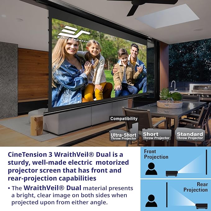 Elite Screens CineTension 3 WraithVeil Dual Projector Screen, 120-inch 16:9, Electric Tab Tension Front & Rear Projection Screen TE120HR3-DUAL
